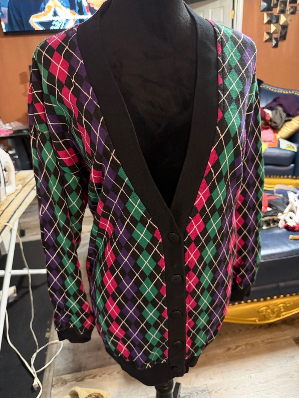 80’s Westbound Vintage Argyle Button-Up Cardigan Sweater - Black, Green & Purple